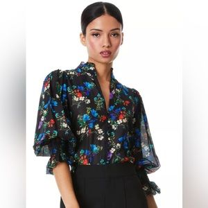 Alice + Olivia Ilan Floral Smocked Sleeve Top sz Medium